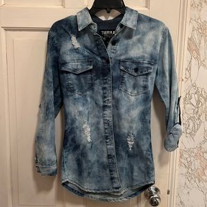 Distressed long sleeve stone washed denim jacket
